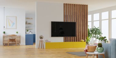 Mobilyaları, televizyon odası, ofis odası, yemek odası, mutfak 33D tasarımı olan modern iç mekan.