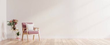 Boş beyaz duvar zemininde bir koltuğu olan modern minimalist iç mekan, 3D görüntüleme