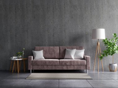 Kanepe ve dekorasyonlu beton duvar oturma odası, 3 boyutlu.