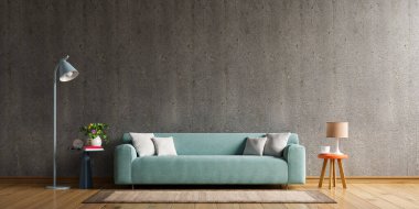 Beton duvarın arkasındaki odada kanepeli ve aksesuarlı çatı katı tarzı bir ev.