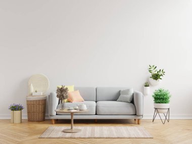 Oturma odasının iç duvarının modeli kanepe ve dekorasyonu var, 3 boyutlu.