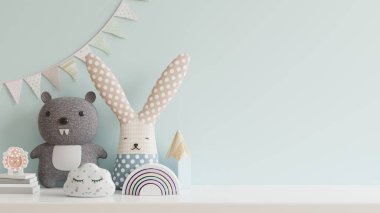 Duvardaki çocuk odasındaki model duvar mavi arka plan 3D.