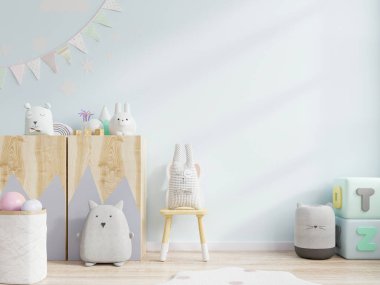 Açık mavi duvar arkaplanındaki çocuk odasındaki model duvar, 3D.