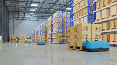 Robotlar saatte yüzlerce paket düzenliyor, palet kaldırıcı AGV3D görüntüleme