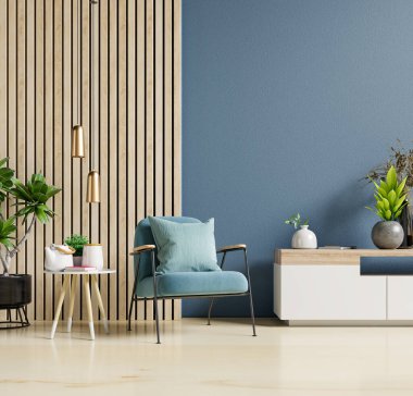 İç tarafında boş mavi duvar zemininde bir koltuk var, 3 boyutlu.