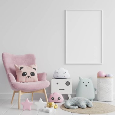 Çocuk odasında poster çerçevesi, çocuk odası, kreş modeli, beyaz duvar, 3 boyutlu resim.