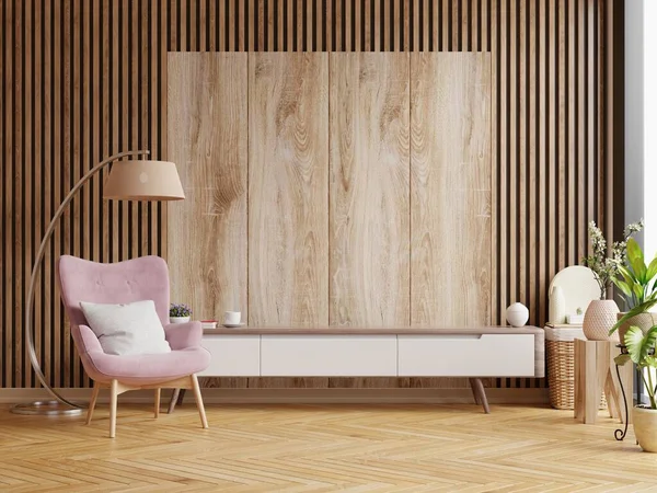 Cabinet designs for living room on wooden wall background,3d rendering