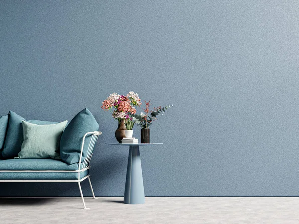 Modern Ahşap Oturma Odası Boş Mavi Duvarlı Bir Kanepeye Sahiptir — Stok fotoğraf