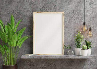 Oturma odasındaki dolabın üzerindeki çerçeve boş beton arka planda, 3D görüntüleme