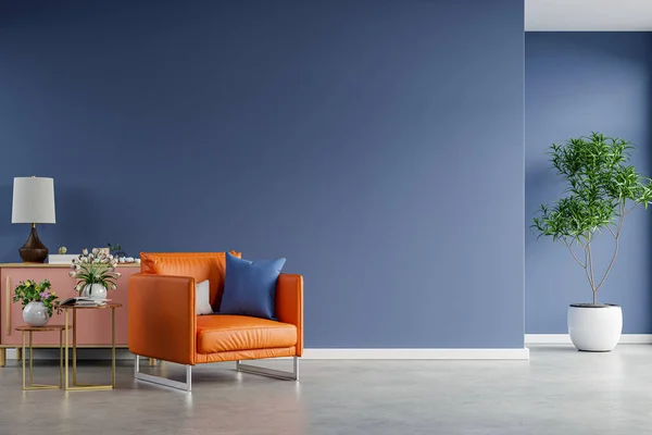 空の濃い青の壁とコンクリートの床にアームチェア付きの光の部屋のインテリア 3Dレンダリング — ストック写真