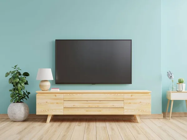 Mockup Einer Wand Einem Wohnzimmer Mit Blauer Wand Rendering — Stockfoto