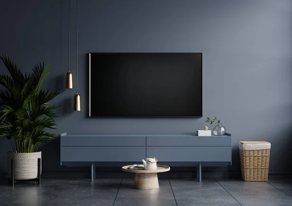 现代客厅的内部与电视在橱柜上深蓝色的墙背景 3D渲染 — 图库照片