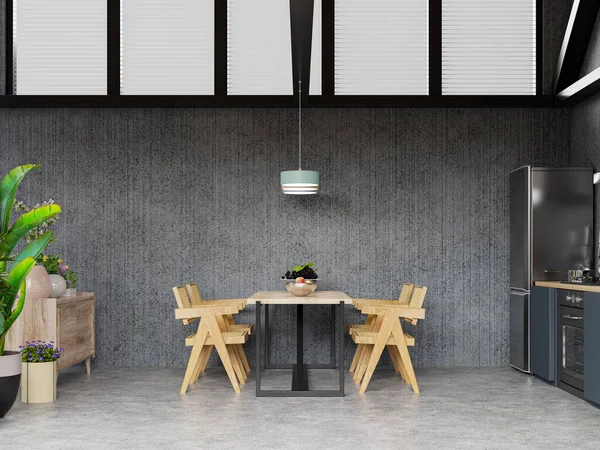 Intérieur Cuisine Spacieuse Avec Mur Béton Rendu — Photo