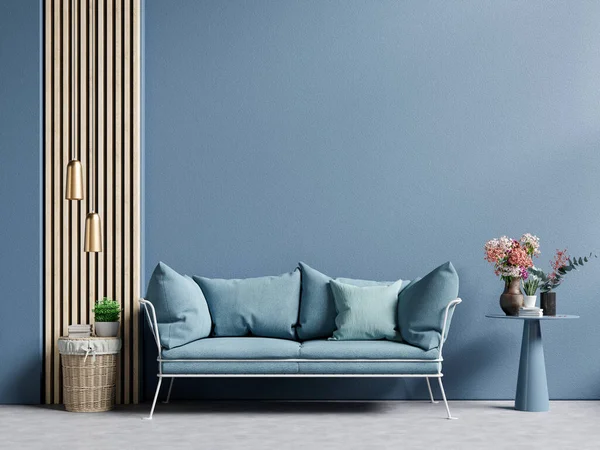 モダンなリビングルームモックアップダークブルーの壁に青いソファと装飾 3Dレンダリング — ストック写真