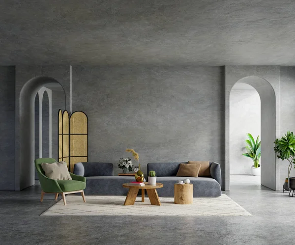 Living Room Loft Industrial Style Dark Sofa Green Armchair Empty — Stock Photo, Image