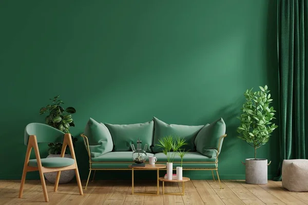 Interior Mockup Green Wall Green Sofa Green Armchair Living Room — Stock Photo, Image