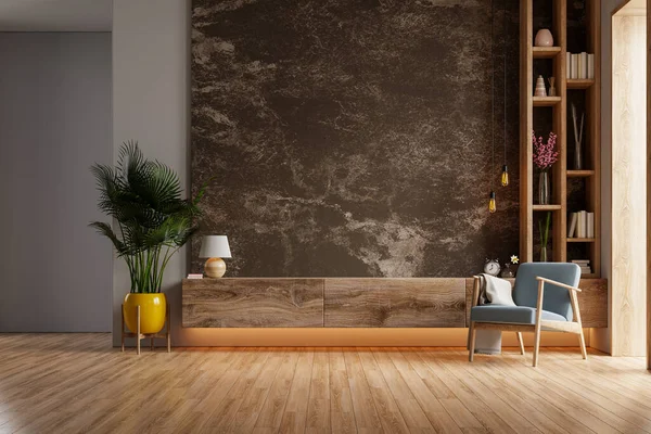 Modern oturma odasında rafa kaldırılmış televizyon koltuğu ve koyu mermer duvar arka planına yerleştirilmiş bitki, 3D görüntüleme