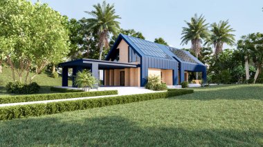 Modern evin çatısındaki güneş panelleri güneş pili panelleri, dış tasarım, 3D görüntüleme ile yenilenebilir enerji hasat ediyor.