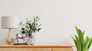 İç duvar çiçek vazosu, beyaz duvar ve ahşap 3D döşeme ile süslenir.