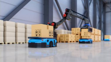 Taşımacılıkta AGV ve robotik kollu fabrika otomasyonu 3D güvenli bir şekilde hazırlanarak ulaşımı arttırmak için