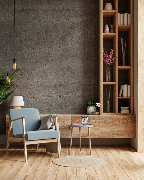 Beton iç mekan. Mavi koltuklu. Arkaplanı karanlık, üç boyutlu.