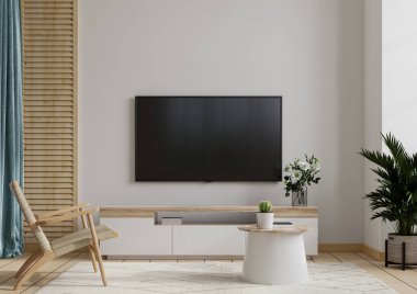 Beyaz arka planda koltuğu olan TV salonu, 3 boyutlu görüntüleme