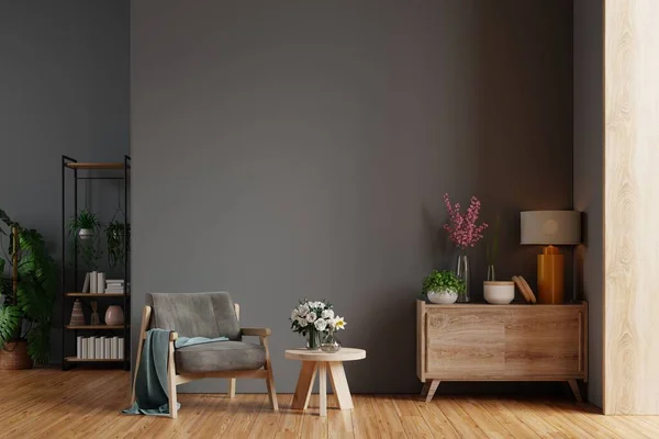 Modern oturma odası koltuk, masa, çiçek ve bitki siyah duvar arka planda, 3D görüntüleme