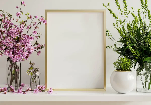 Interieur Poster Mockup Met Verticaal Houten Frame Interieur Achtergrond Rendering — Stockfoto