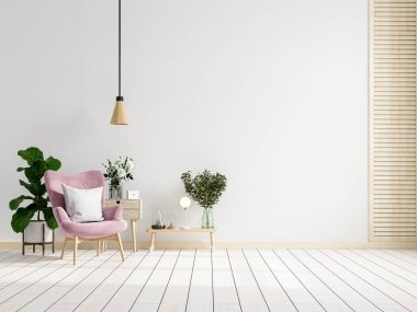 Modern oturma odasının içinde beyaz duvarlı ve ahşap 3D döşemeli pembe bir koltuk var.