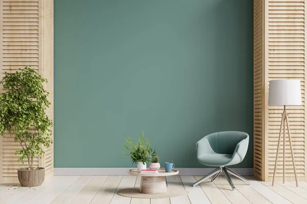 Grøn Lænestol Træbord Stuen Interiør Med Plante Mørkegrønne Wall Rendering - Stock-foto