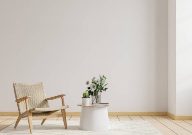 Oturma odasının iç duvarları sıcak tonlarda modellenir, ahşap dolaplı koltuklar 3D görüntülenir.