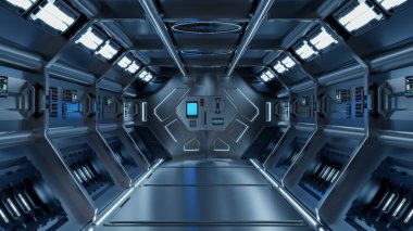 Bilim kurgu iç mimarisi bilim-kurgu uzay gemisi koridorları mavi ışık, 3D görüntüleme