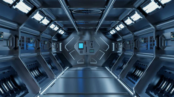 Science Hintergrund Fiction Innenrendering Sci Raumschiff Korridore Blaues Licht Rendering — Stockfoto