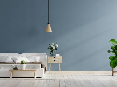 Yatak odasının iç planında koyu mavi duvar, 3D görüntüleme
