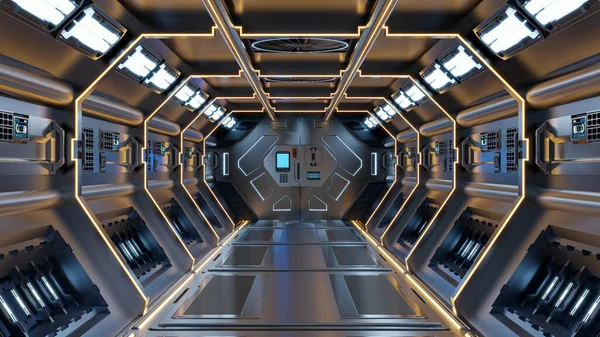 Science Background Fiction Interior Rendering Sci Spaceship Korytarze Żółte Światło — Zdjęcie stockowe