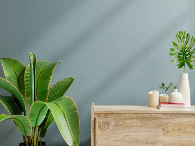 İç duvar modeli yeşil bitki, koyu mavi duvar ve 3D kabartma.