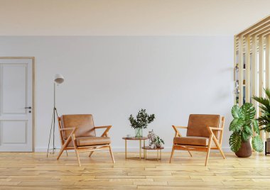 Modern apartman içinde deri koltuk boş duvar ve ahşap masa, 3 boyutlu.