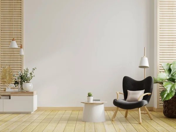 의자와 벽난로에 테이블 거실의 미니멀리즘 인테리어 — 스톡 사진