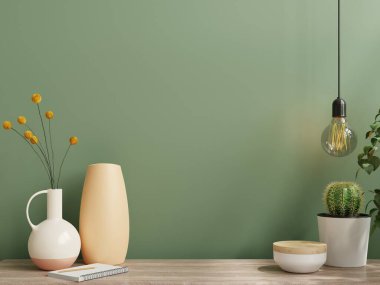 Vazo, yeşil bitki, yeşil duvar ve 3D kabartmalı duvar modeli.