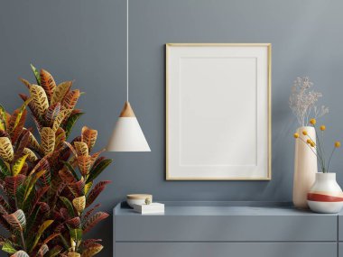 Minimalist iç plan çerçeveli, koyu duvarlı, 3D biçimlendirmeli poster çerçevesi