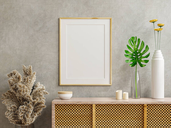 Фоторамка на деревянном шкафу с бетонной стеной, 3D рендеринг