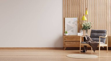 Boş beyaz arka plan 3D çerçeveli koltuğu olan modern iç duvar modellemesi