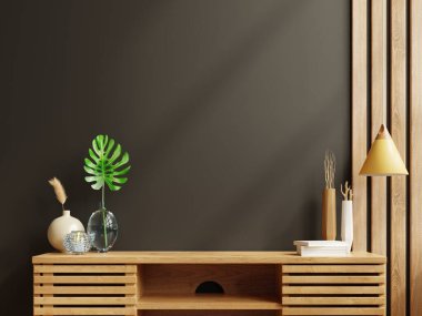 Süslü bitkiler ve ahşap dolap 33D döşeme üzerine dekorasyon malzemesi olan sahte siyah duvar.