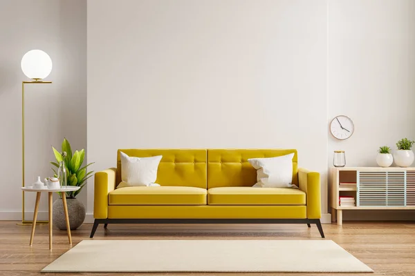 Yellow Sofa Wooden Table Living Room Interior Plant White Wall — Stock Photo, Image