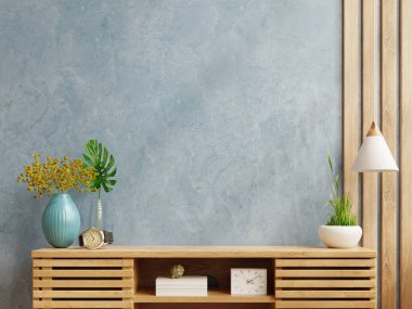 Mavi duvar, modern boş odada ahşap dolapta 3D görüntüleme.