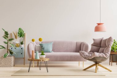 Boş bir beyaz duvar arka planında, bir kanepesi ve 3D bir koltuğu olan bir oturma odası var.