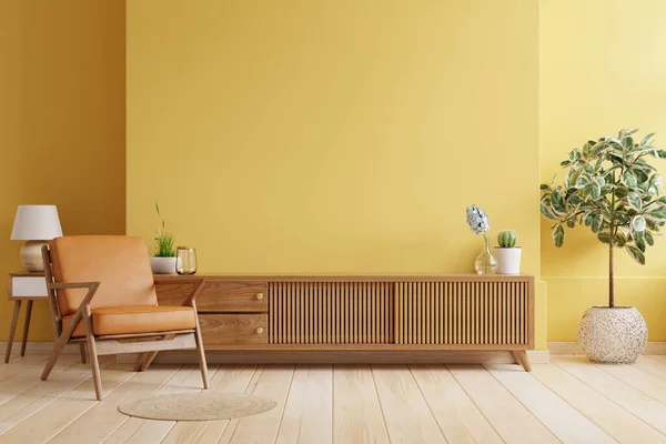 Szafka Nowoczesnym Salonie Skórzanym Fotelem Rośliną Żółtym Tle Ściany Renderowanie — Zdjęcie stockowe