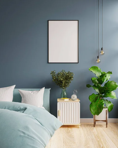 Mock up frame in bedroom interior dark blue background,3d rendering