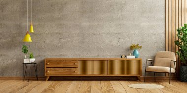 Beton bir arka planda, modern bir oturma odasında bir dolap televizyonu bir koltuk ve bir 3D döşeme