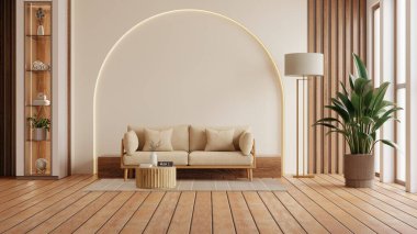 Zarif iç tasarım, sanatsal yarım daire duvar özelliği ve temiz çizgileriyle minimalist bir stili vurguluyor.